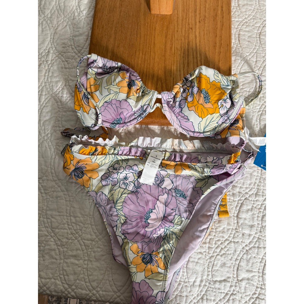 Cupshe Women Purple Orange Floral Underwire Bikini Set Ruffle High Waist M NEW